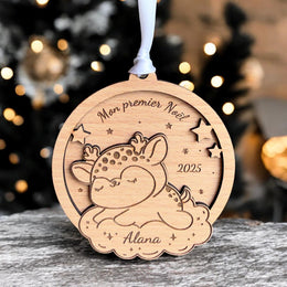 Boule de Noël Personnalisée Faon, Cadeau Premier noël, Ornement personnalisé en bois enfant,  Boule de noël personnalisée cerf, cadeau maman