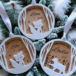 Boule de Noël personalisée bois - Renard - Mon premier Noël - Ornement blanc bois - Cadeau naissance - Cadeau nouvelles mamans