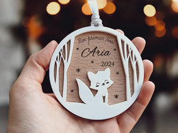 Boule de Noël personalisée bois - Cerf - Mon premier Noël - Ornement blanc bois - Cadeau naissance - Cadeau nouvelles mamans