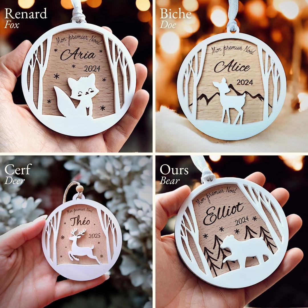 Boule de Noël personalisée bois - Biche - Mon premier Noël - Ornement bois et blanc - Cadeau naissance, baptême - Cadeau Noël maman
