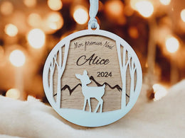 Boule de Noël personalisée bois - Cerf - Mon premier Noël - Ornement blanc bois - Cadeau naissance - Cadeau nouvelles mamans