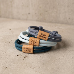 Bracelet corde personnalisé gravure laser – Cadeau fête des pères papa, bois naturel, prénom initiales