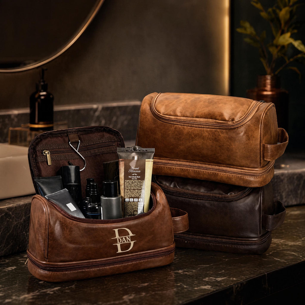 Cadeau fête des père, Cadeau pour homme, Trousse de toilette personnalisée cuir pour homme,  Trousse de voyage personnalisée