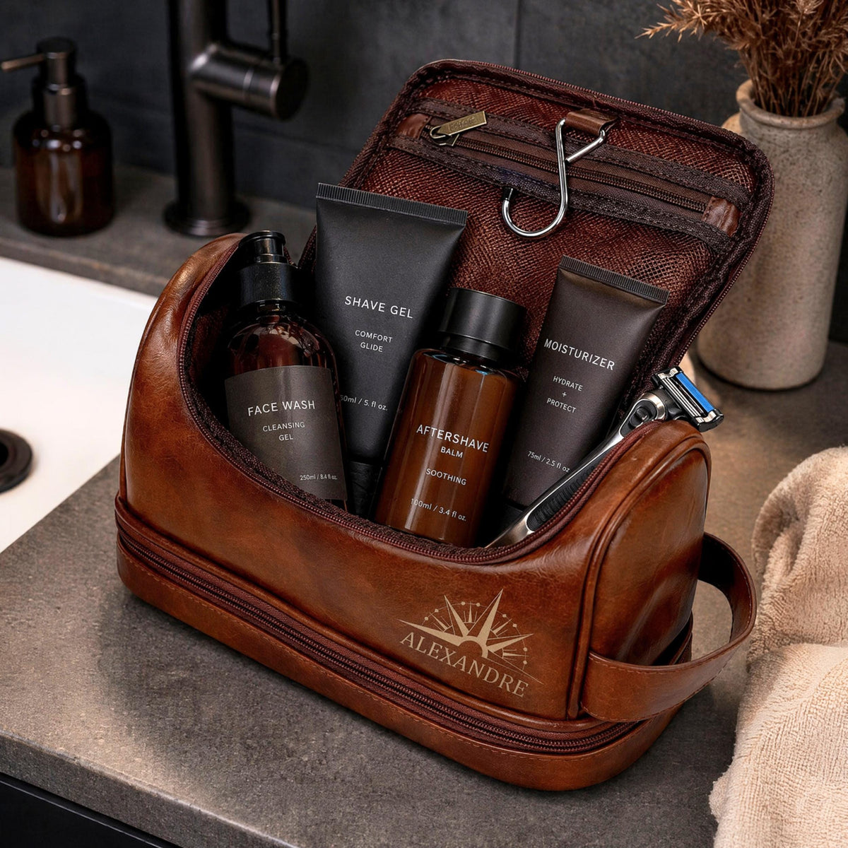 Cadeau fête des père, Cadeau pour homme, Trousse de toilette personnalisée cuir pour homme,  Trousse de voyage personnalisée