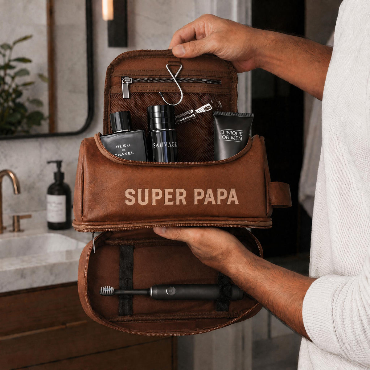 Cadeau fête des père, Cadeau pour homme, Trousse de toilette personnalisée cuir pour homme,  Trousse de voyage personnalisée