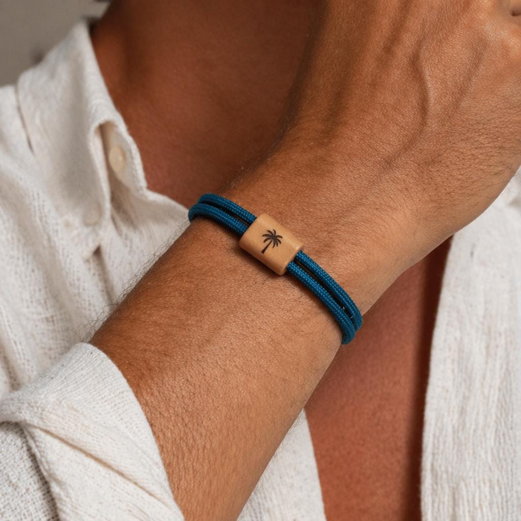 Bracelet corde personnalisé gravure laser – Cadeau fête des pères papa, bois naturel, prénom initiales