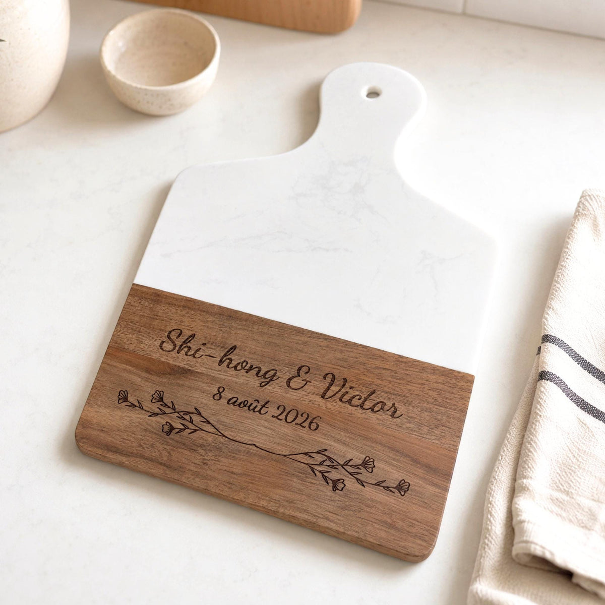 Cadeau De Mariage Personnalisé, Planche À Découper En Bois D'Acacia et Marbre Avec Gravure