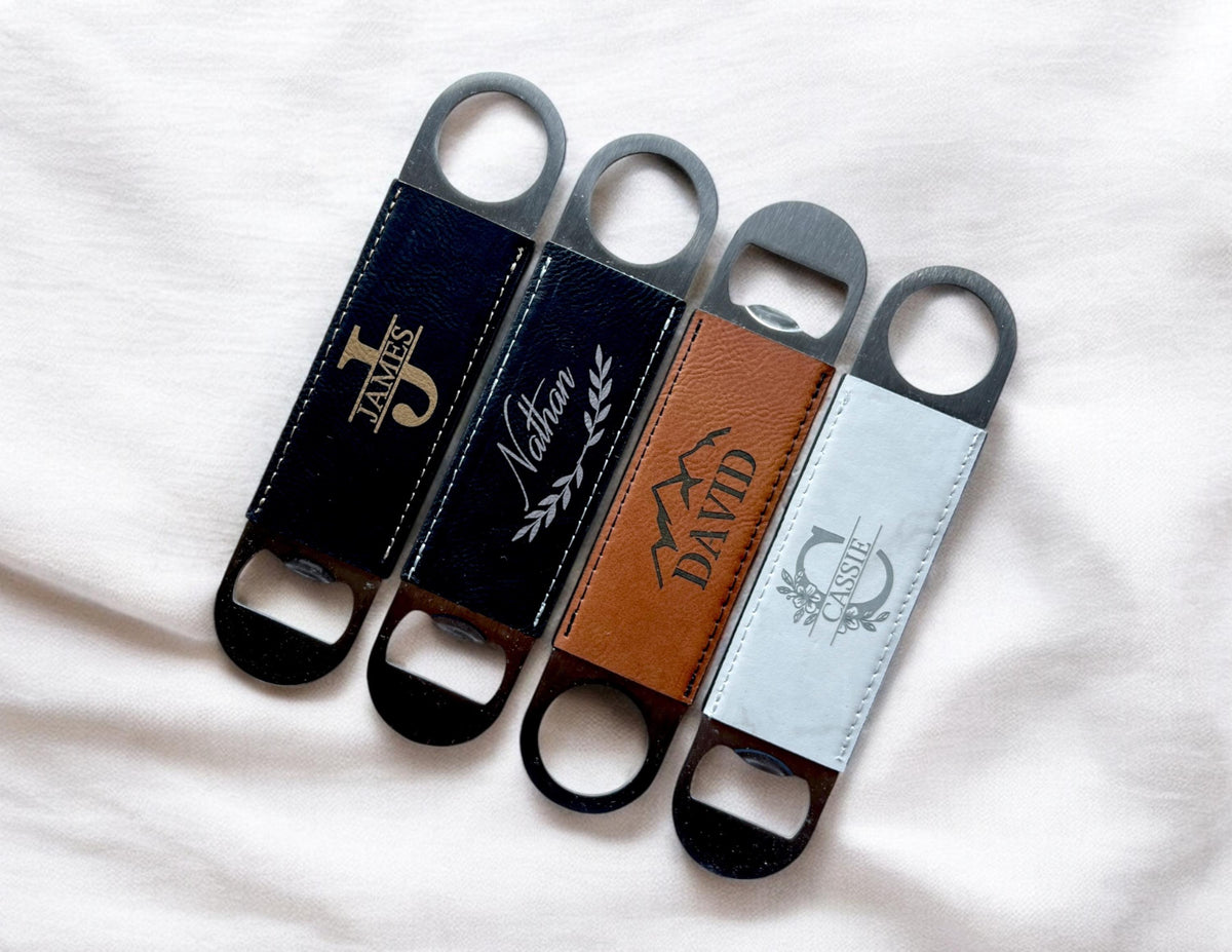 Personalized Gift Bottle Opener with Engraved Leather Handle, Barware
