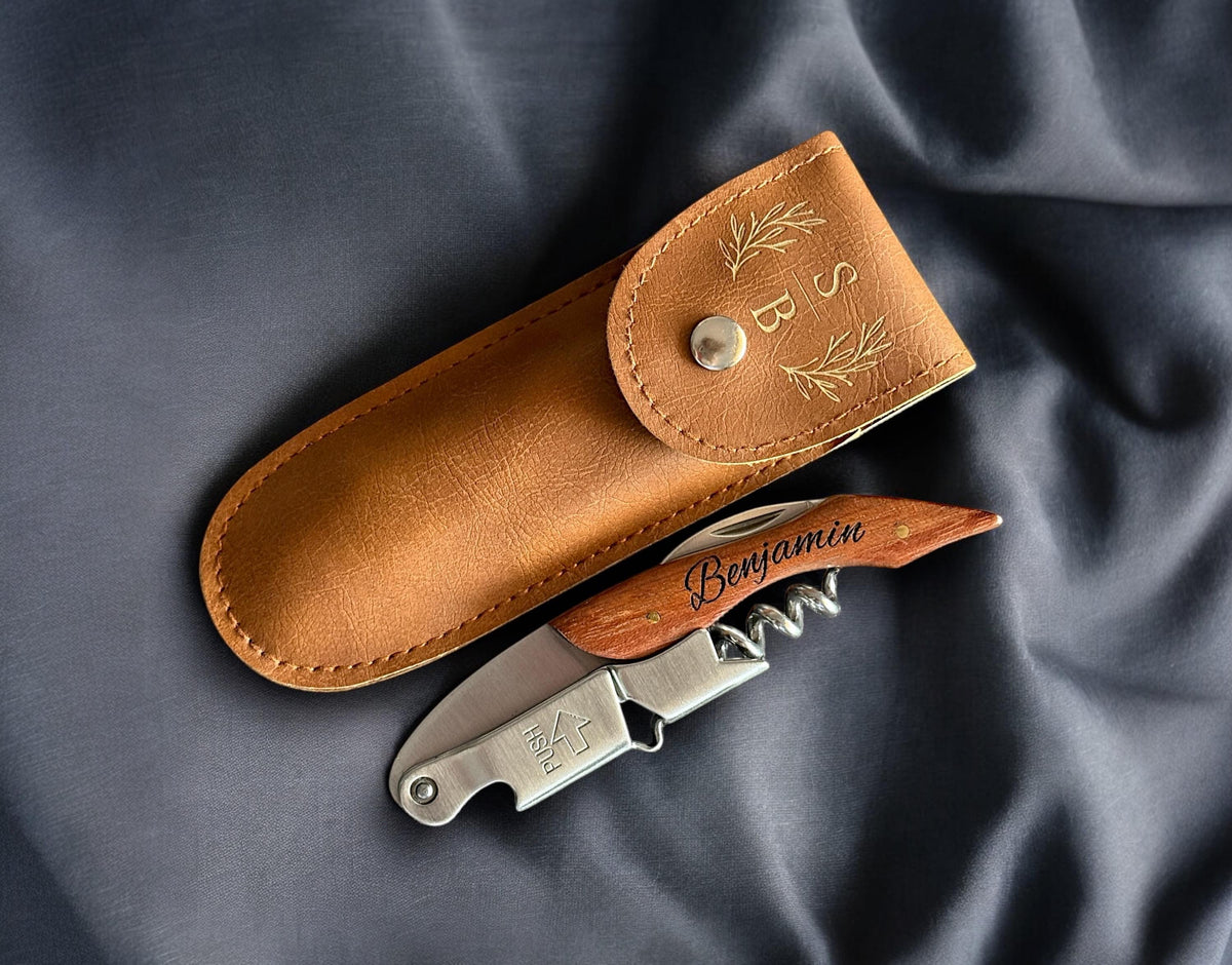 Personalized Engraved Corkscrew with Custom Design on wood and metal