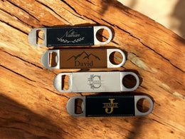 Personalized Gift Bottle Opener with Engraved Leather Handle, Barware