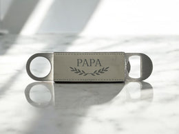 Personalized Gift Bottle Opener with Engraved Leather Handle, Barware