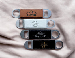 Personalized Gift Bottle Opener with Engraved Leather Handle, Barware