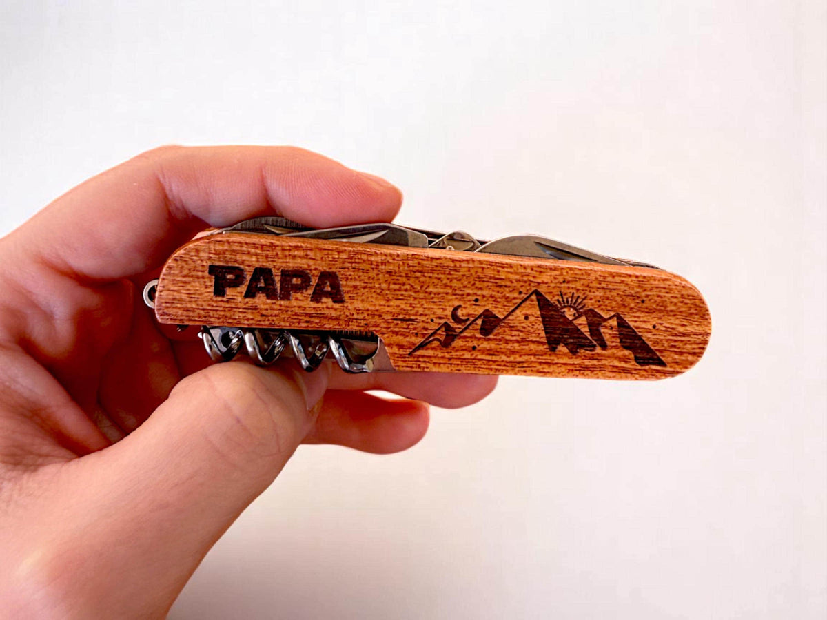 Personalized Pocket Knife Engraved Wooden Multi-Tool Swiss Army Style, Compact Design