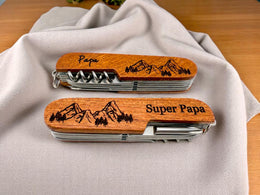 Couteau Personnalisé multifonction, manche bois gravé, cadeau anniversaire, fête des pères, compagnon voyage