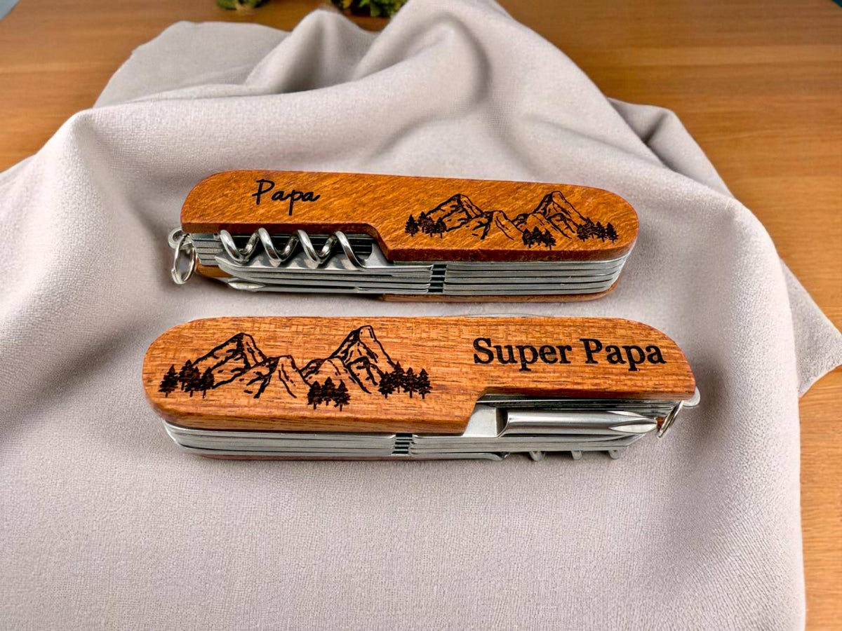 Personalized Pocket Knife Engraved Wooden Multi-Tool Swiss Army Style, Compact Design