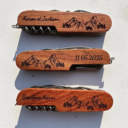 Personalized Pocket Knife Engraved Wooden Multi-Tool Swiss Army Style, Compact Design