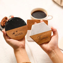 Sous Verres Marbre, Personalized Acacia Wood Coasters, 10cm
