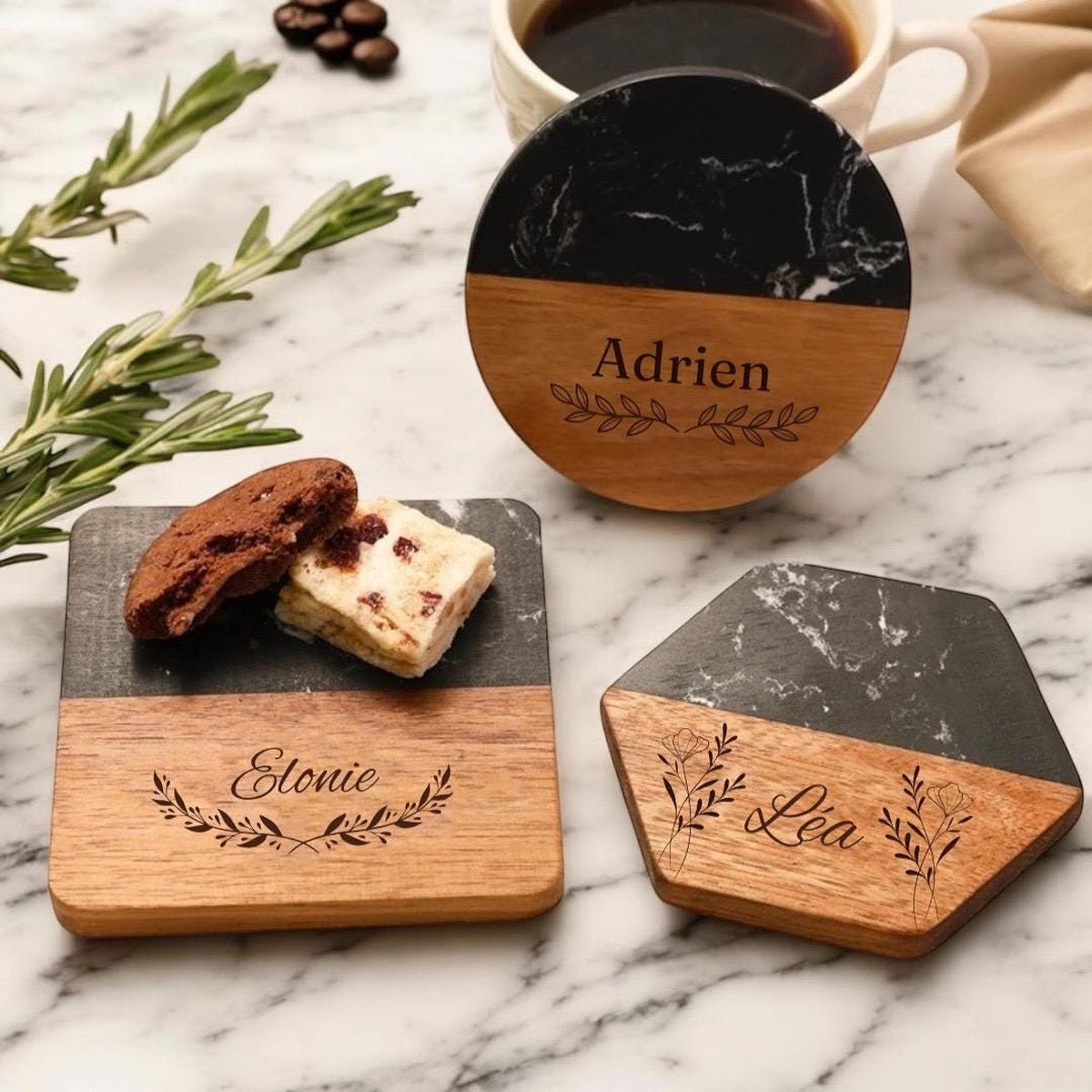 Sous Verres Marbre, Personalized Acacia Wood Coasters, 10cm