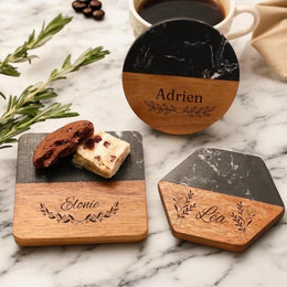 Sous Verres Marbre, Personalized Acacia Wood Coasters, 10cm