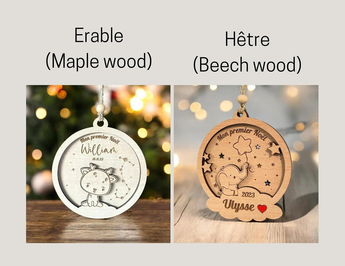 Boule de Noël Cerf Bois Personnalisée, Premier noël, bébé, cadeau maman