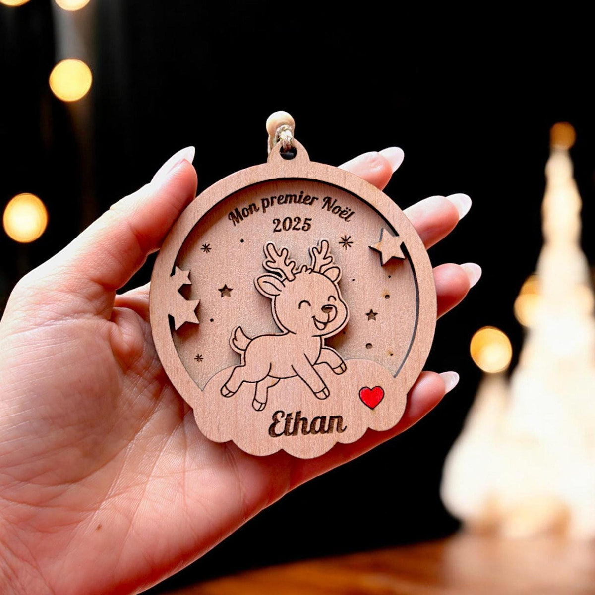 Boule de Noël Cerf Bois Personnalisée, Premier noël, bébé, cadeau maman