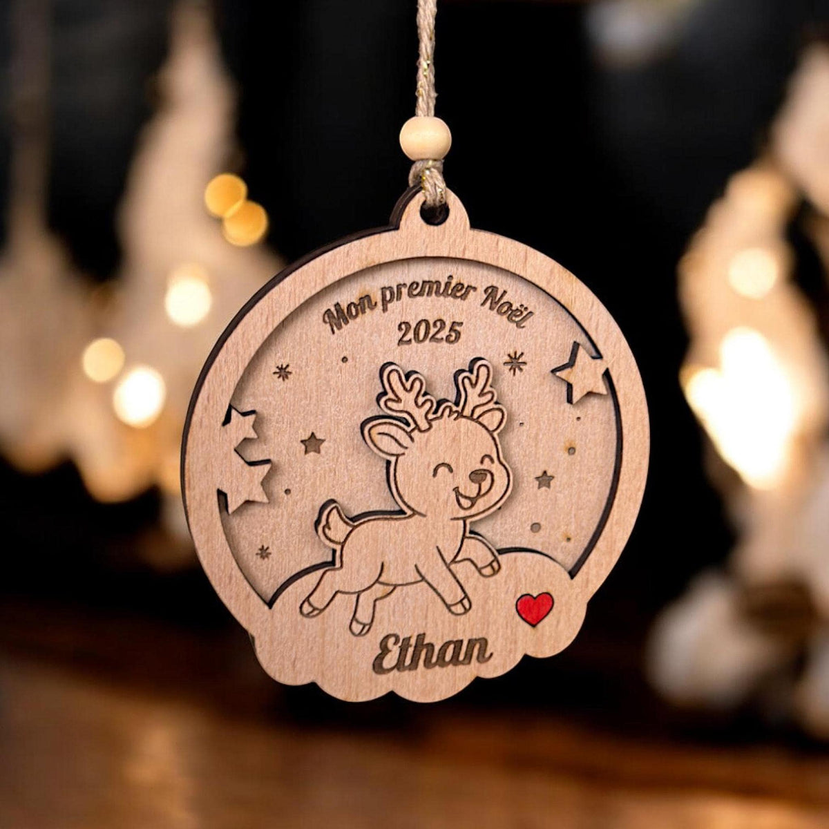 Boule de Noël Cerf Bois Personnalisée, Premier noël, bébé, cadeau maman