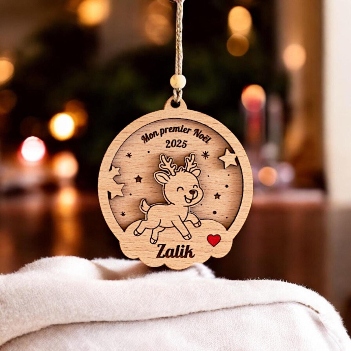 Boule de Noël Cerf Bois Personnalisée, Premier noël, bébé, cadeau maman