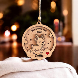 Boule de Noël Cerf Bois Personnalisée, Premier noël, bébé, cadeau maman