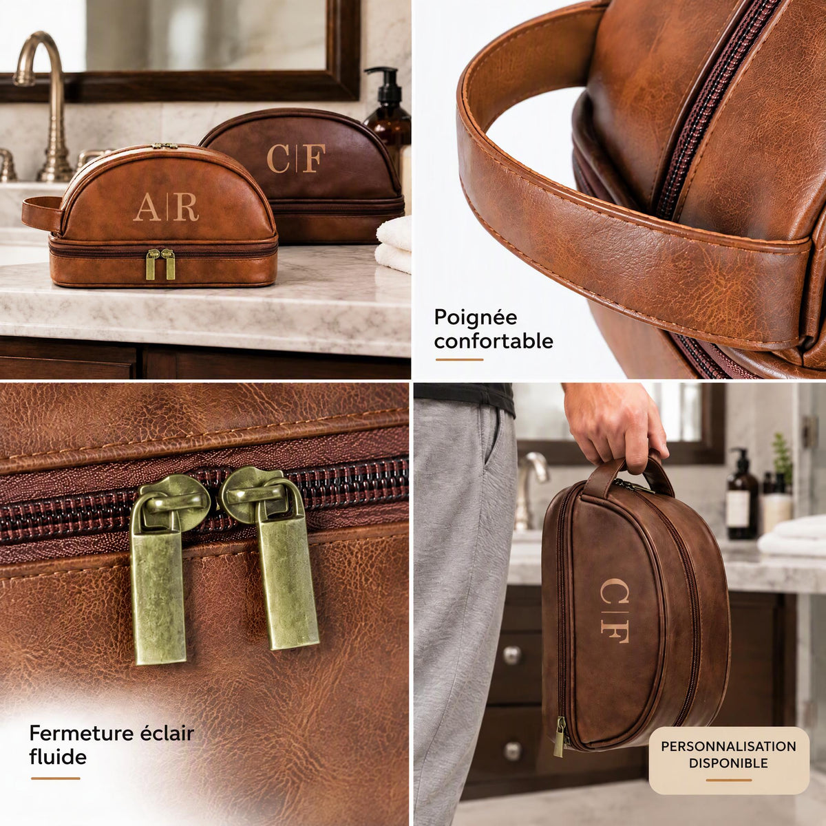 Trousse toilette cuir homme personnalisée gravure laser – Cadeau fête des pères papa, prénom initiales