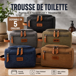 Trousse de toilette homme personnalisée, toile et cuir, double compartiment, gravure prénom