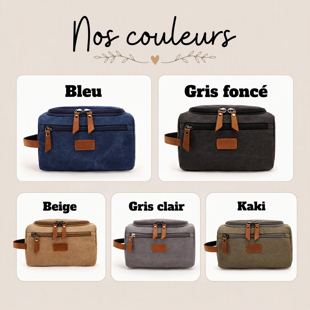Trousse de toilette homme personnalisée, toile et cuir, double compartiment, gravure prénom