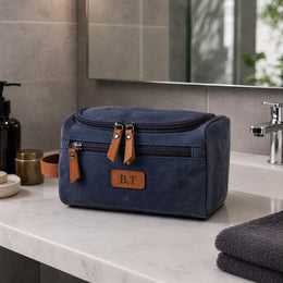 Trousse de toilette homme personnalisée, toile et cuir, double compartiment, gravure prénom