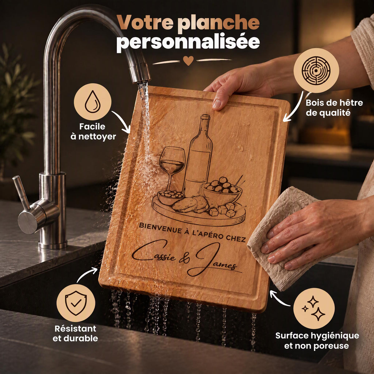 Planche à découper personnalisée en bois – Gravure prénom ou couple