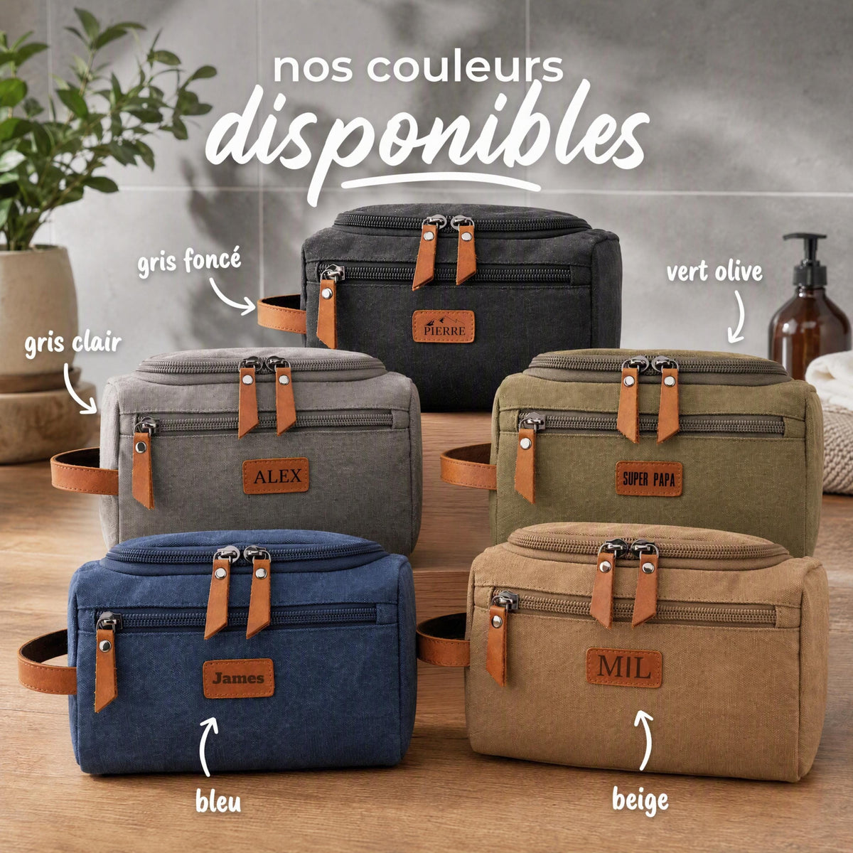 Cadeau fête des pères trousse toilette homme gravure prénom cuir | cadeau papa mari témoin mariage anniversaire voyage retraite personnalisé