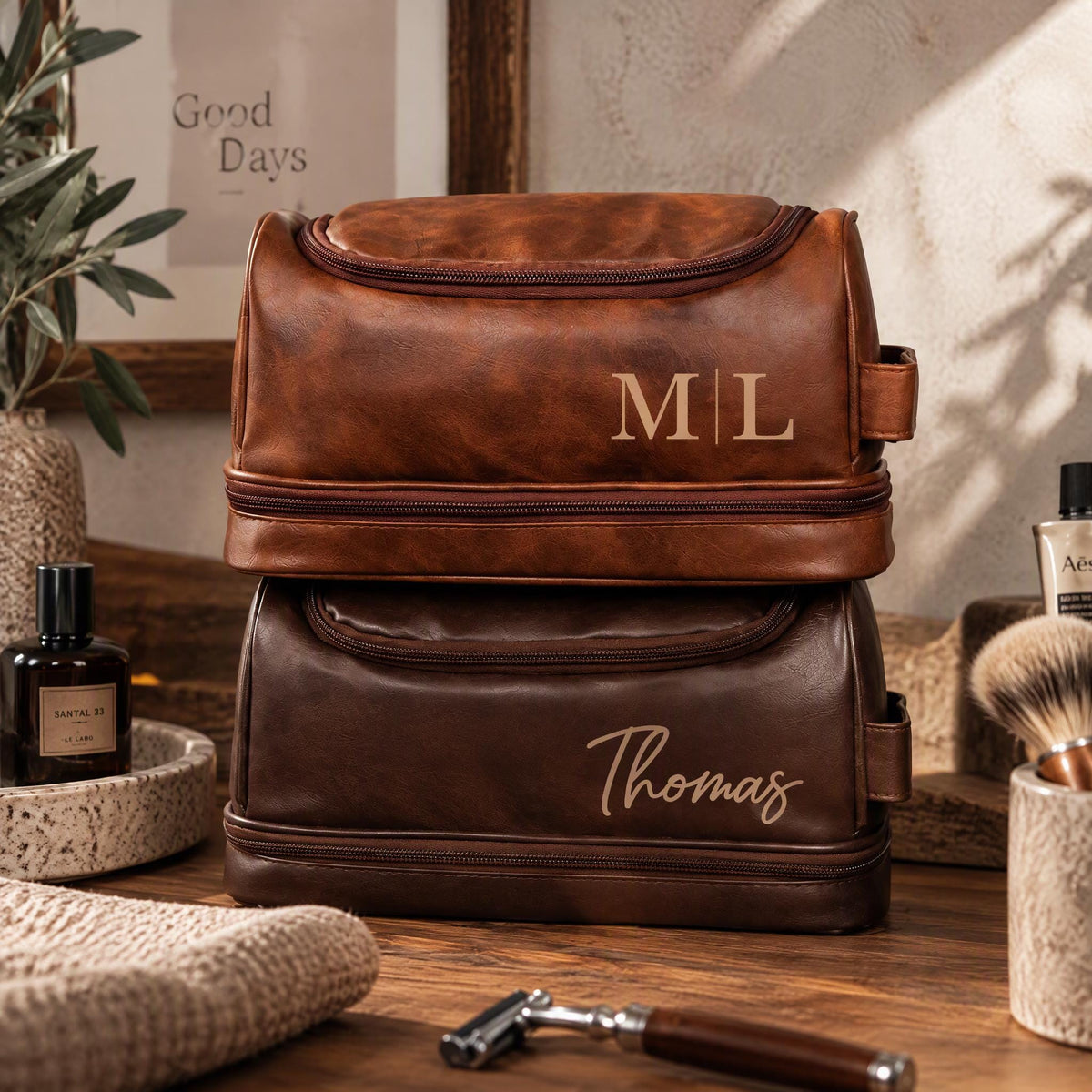 Trousse de toilette personnalisée cuir pour homme - Trousse de voyage personnalisée -  Cadeau pour homme - Fête des pères, pour lui