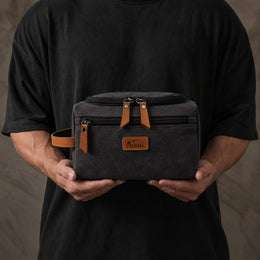 Trousse de toilette homme personnalisée, toile et cuir, double compartiment, gravure prénom