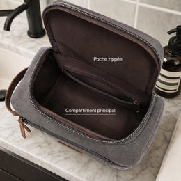 Trousse de toilette homme personnalisée, toile et cuir, double compartiment, gravure prénom