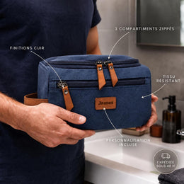 Trousse de toilette homme personnalisée, toile et cuir, double compartiment, gravure prénom